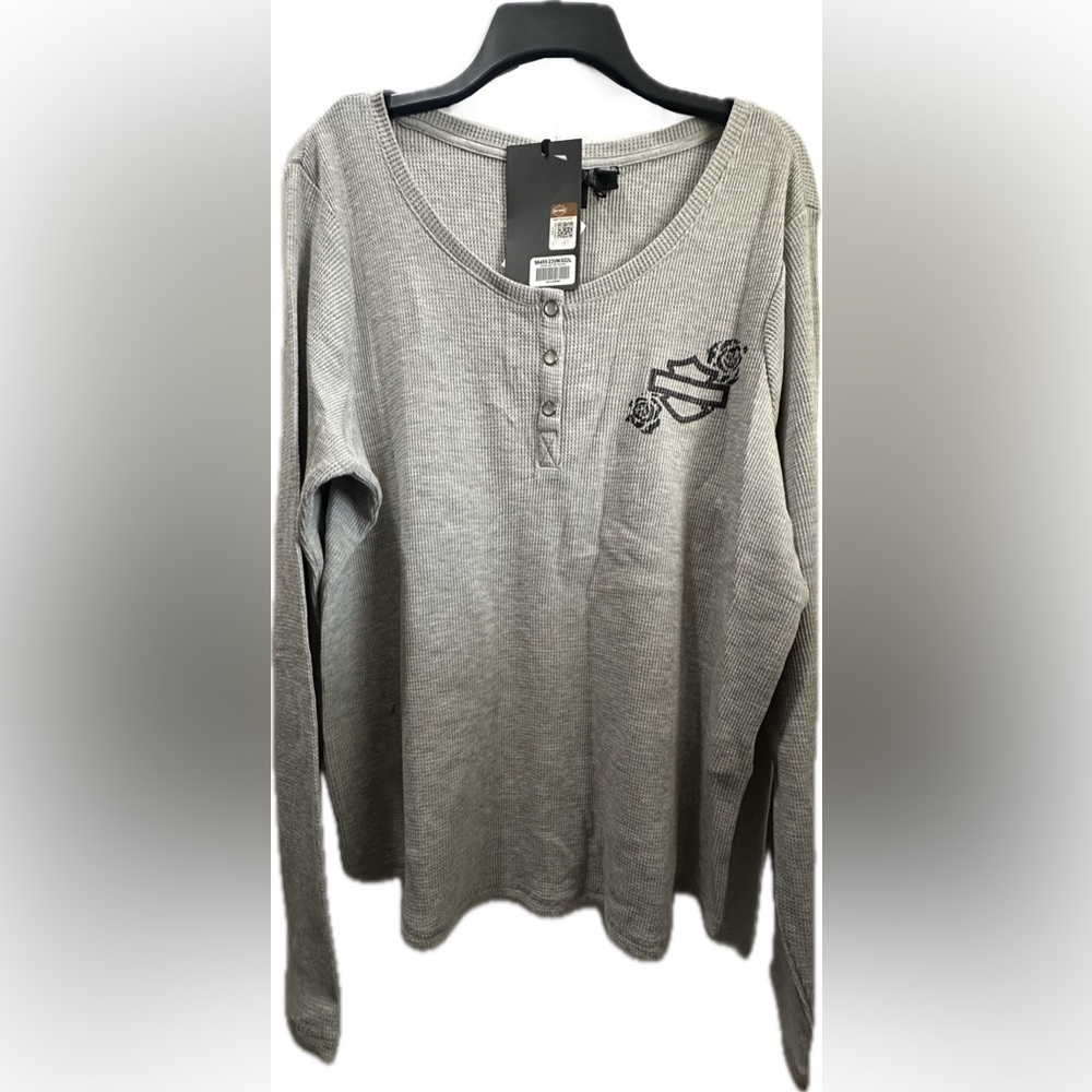 Harley Davidson Gray Long Sleeve Henley Shirt with Black Design NWTS